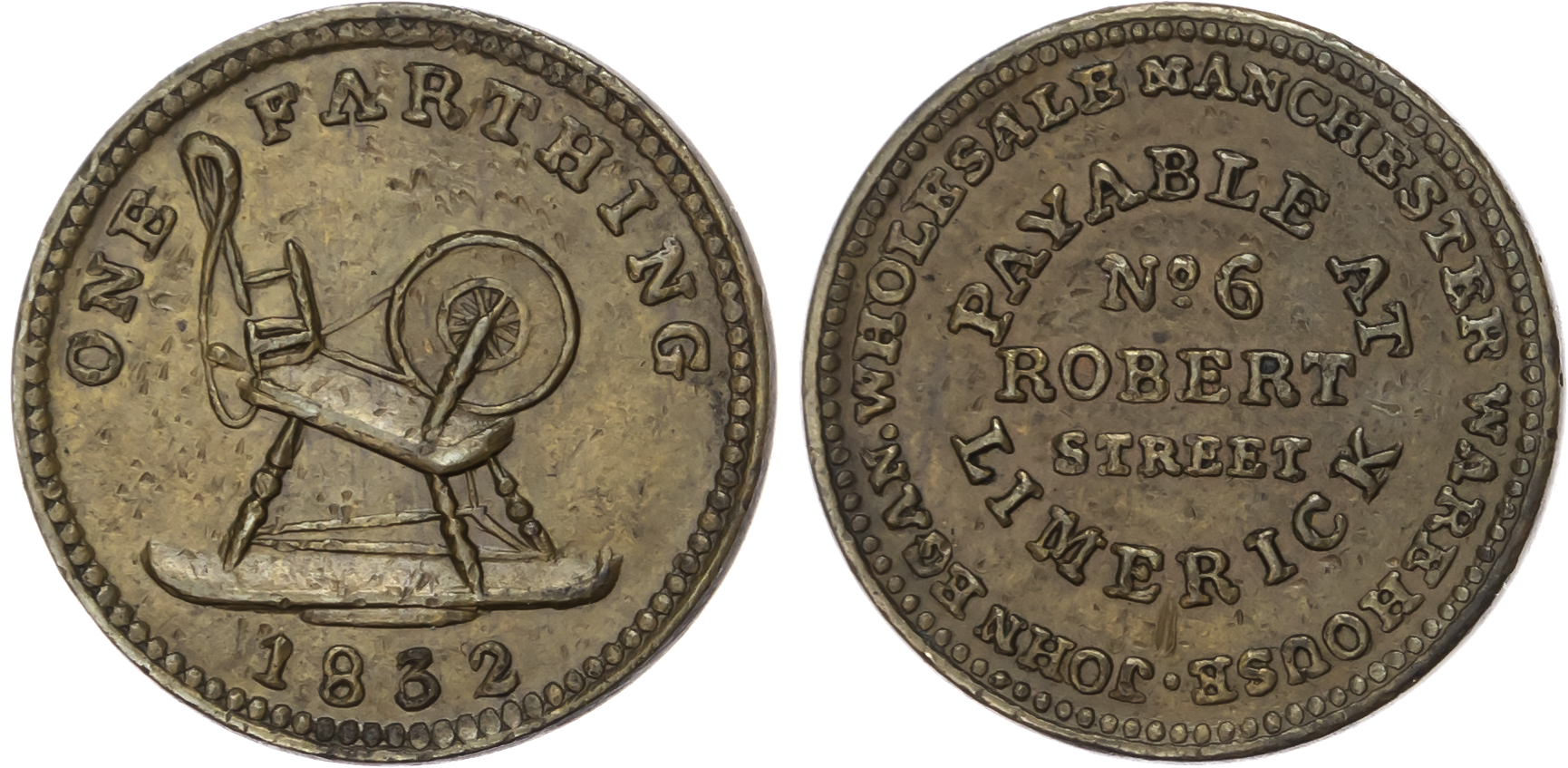 Limerick, John Egan. (linen drapers), farthing 1832), spinning wheel/address. 21mm, (W 6530). Extremely, with …