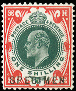 Great Britain 1911 1s. Deep green and scarlet. Fine unused o.g. example printed by Somerset House, overprinted "SP…