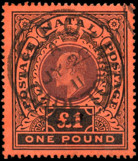 South Africa SG Z68 1908-9 Natal £1 used at Cape Town