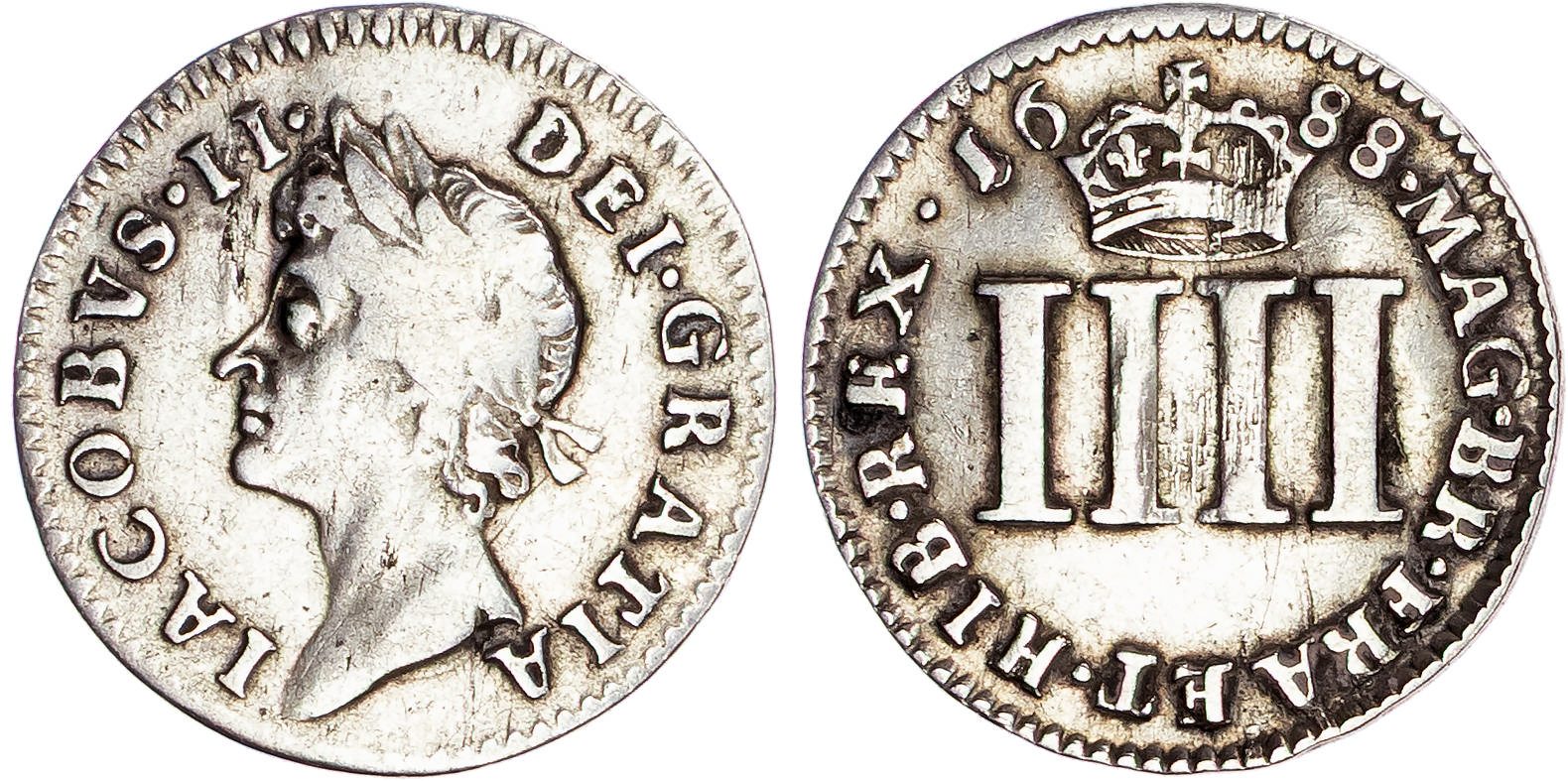 James II (1685-1688), AR Maundy Set, 1688/7. Consisting of Fourpence, Threepence, Twopence, and Penny.
