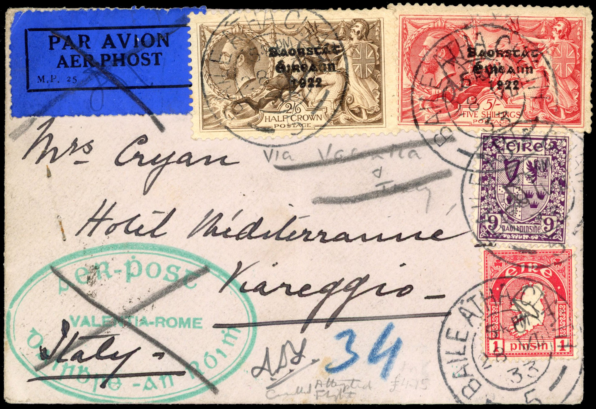 Ireland 1933 Valentia - Rome Italy flight cover