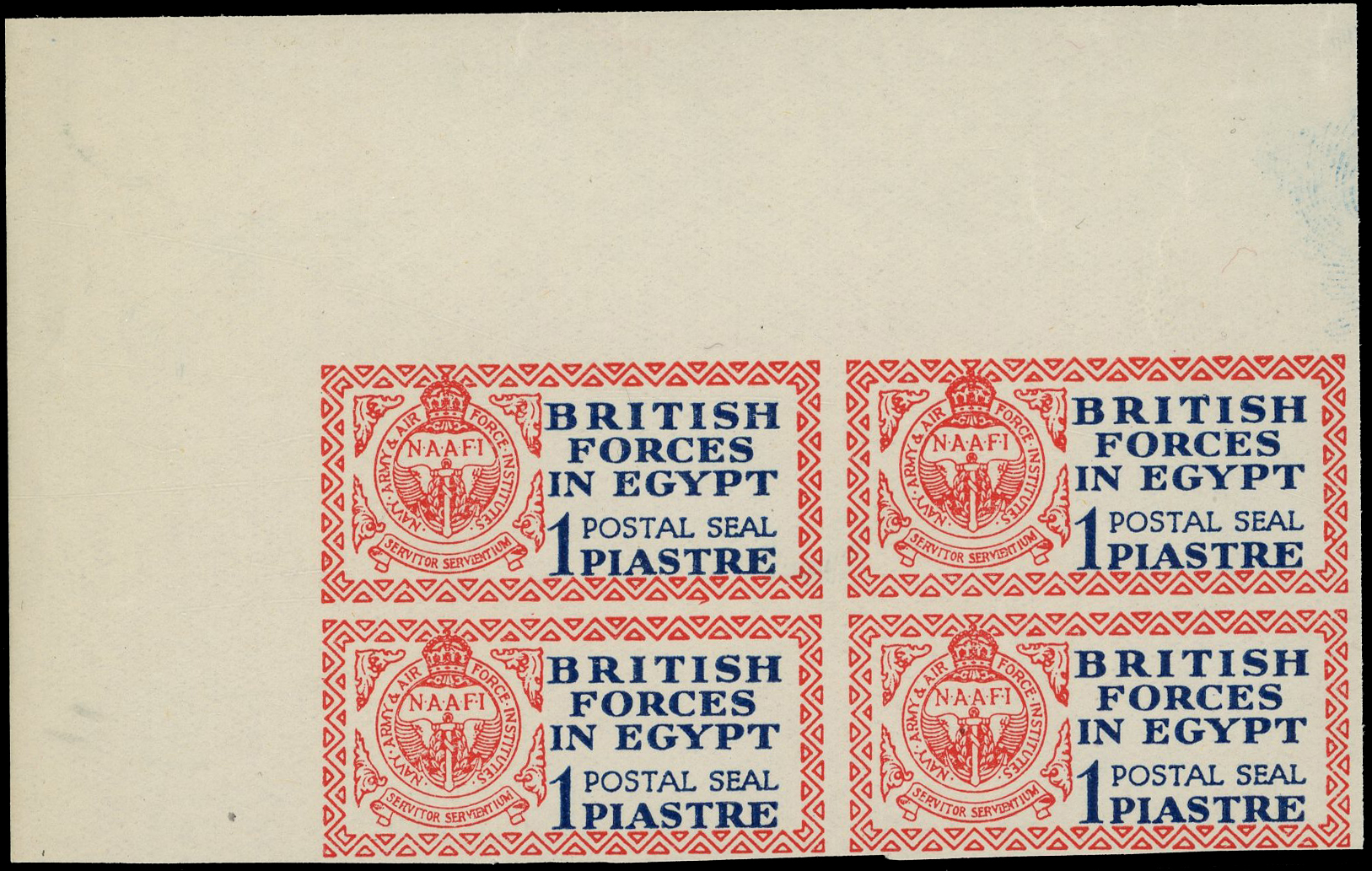 1932 1pi deep blue and red plate proof block of four SG A1var