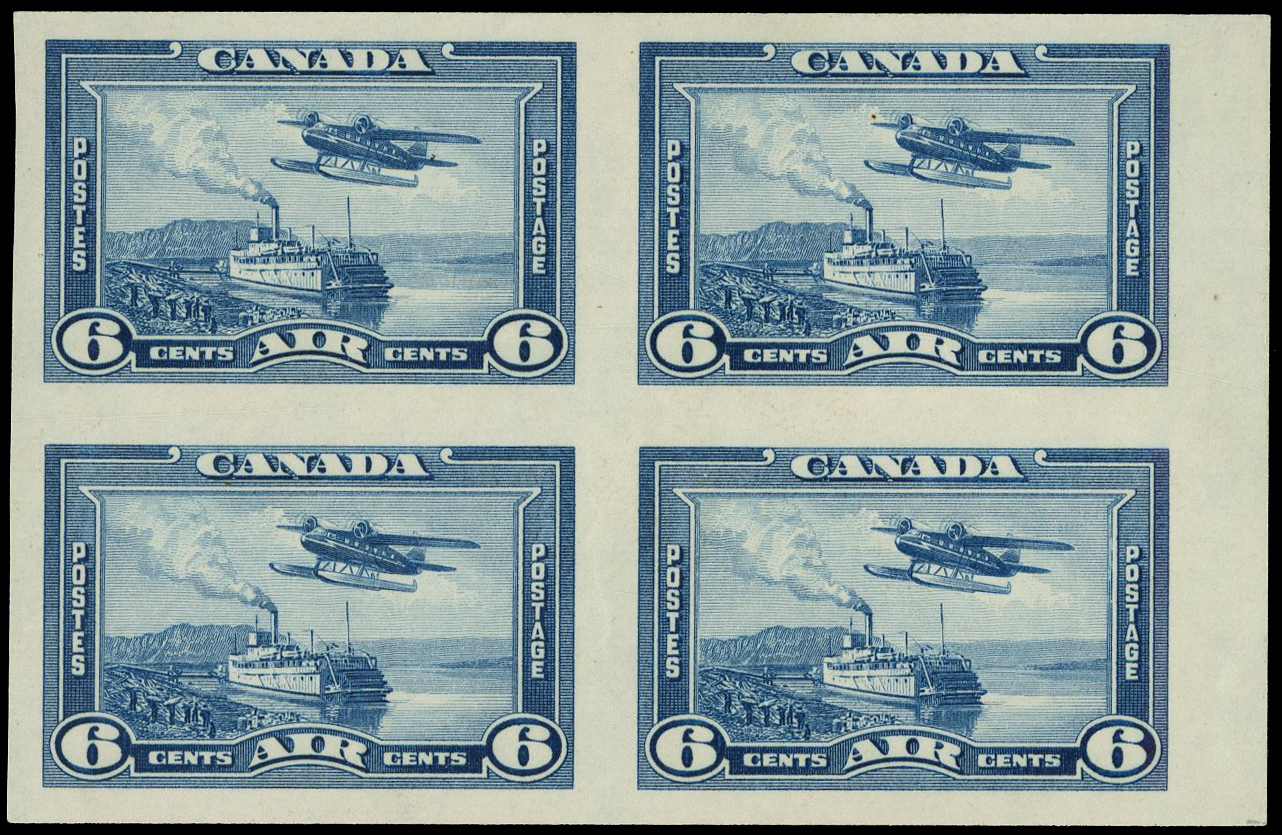 1937-38 Air 6c blue IMPERFORATE proof block of four