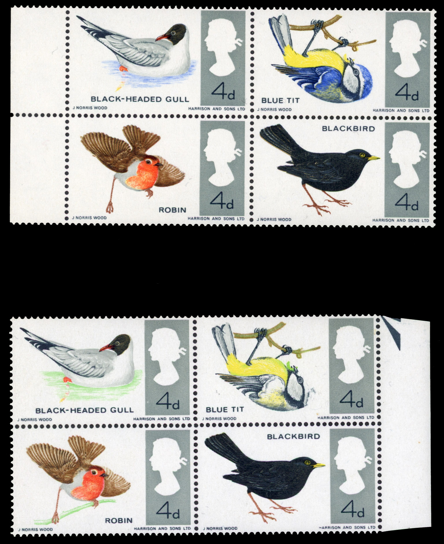 1966 4d British Birds se-tenant block of 4, ordinary, emerald-green omitted, left hand marginal example,