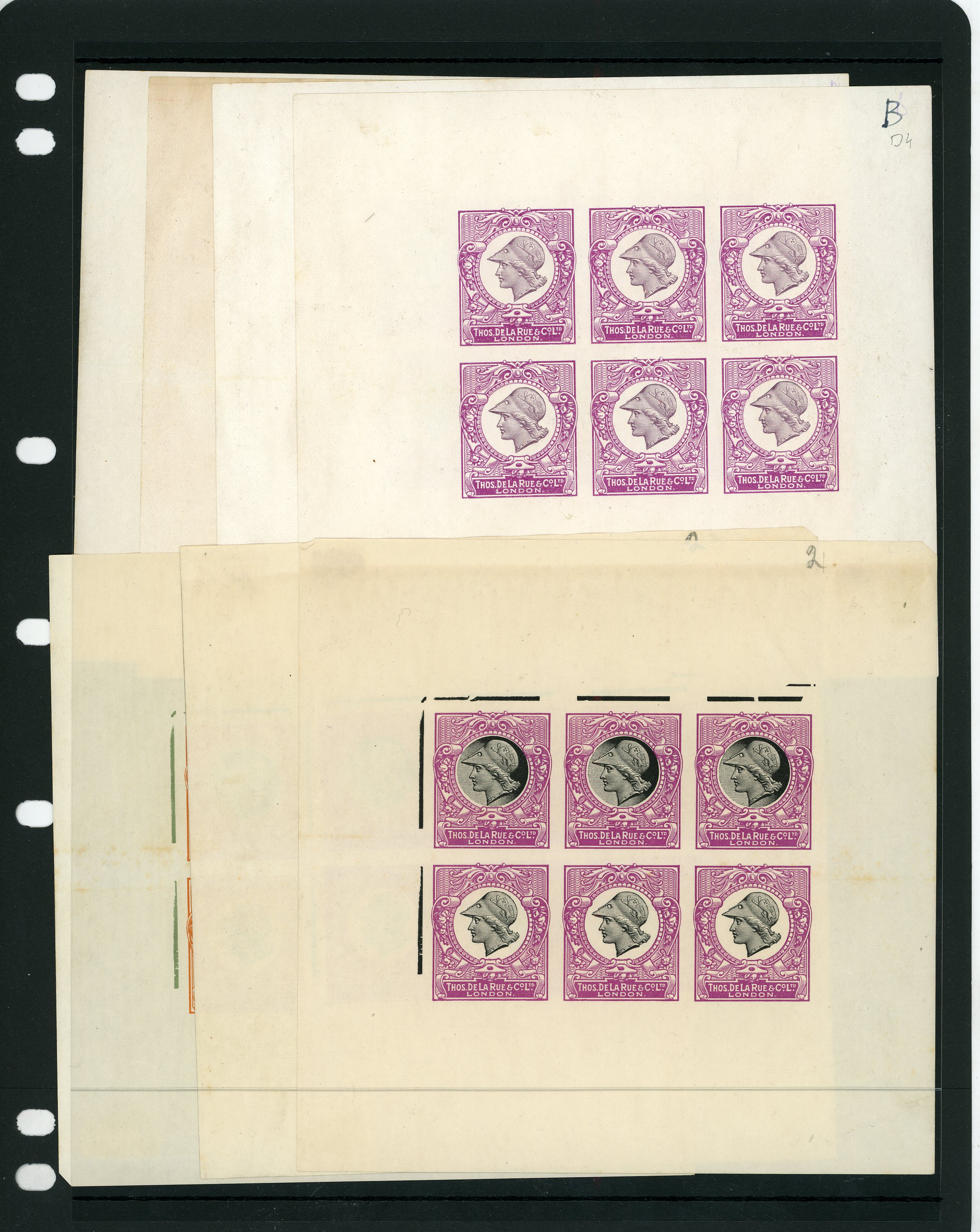1897 Minerva colour trial sheets of six, various manuscript letters and numbers at top right, all with heavily toned gum...