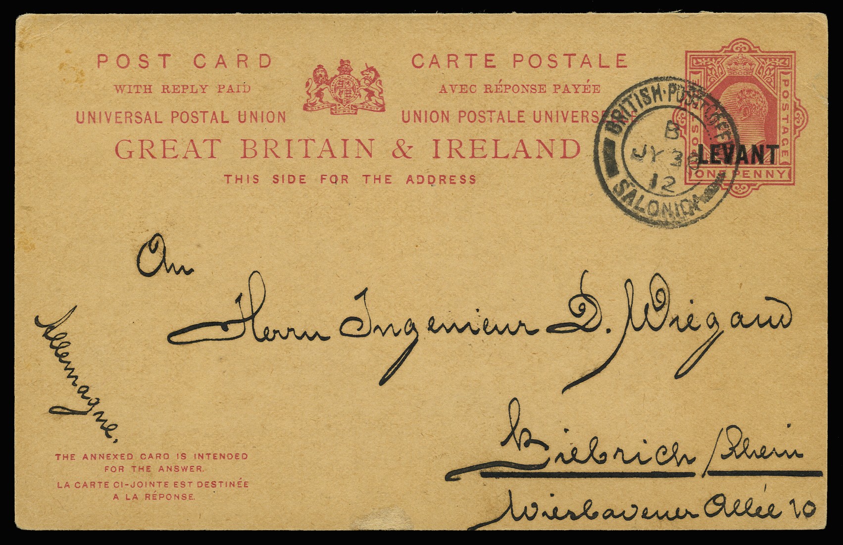 1912 (JY 30) Great Britain 1d carmine reply...