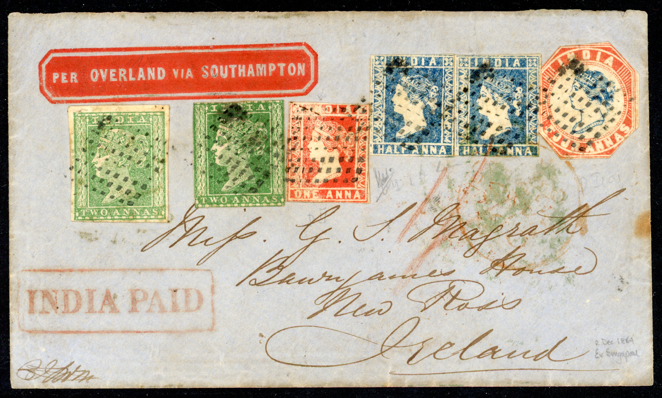 Straits Settlements SG Z60, Z62, Z64, Z65 1855 cover from Singapore to Ireland with the "set" of four India 1854 values