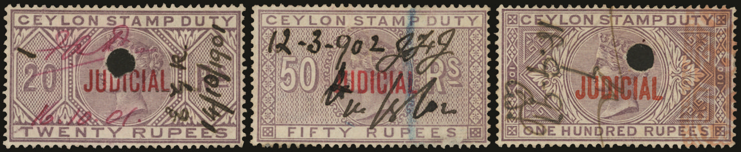 CEYLON 1896 Revenue Judicial: 1896-98 20r, 50r and 100r lilac local overprints