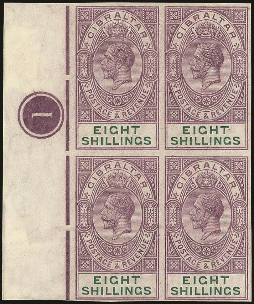 Gibraltar 1912 Proof of KGV 8s dull purple and green watermark MCA imperforate plate block, SG 84var