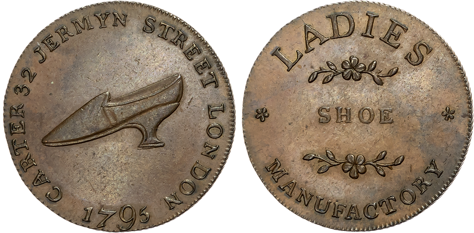 London, Jermyn Street , John Carter (ladies shoe maker) Halfpenny [late 1790s], Ladies high heeled shoe, rev. Legends wi …