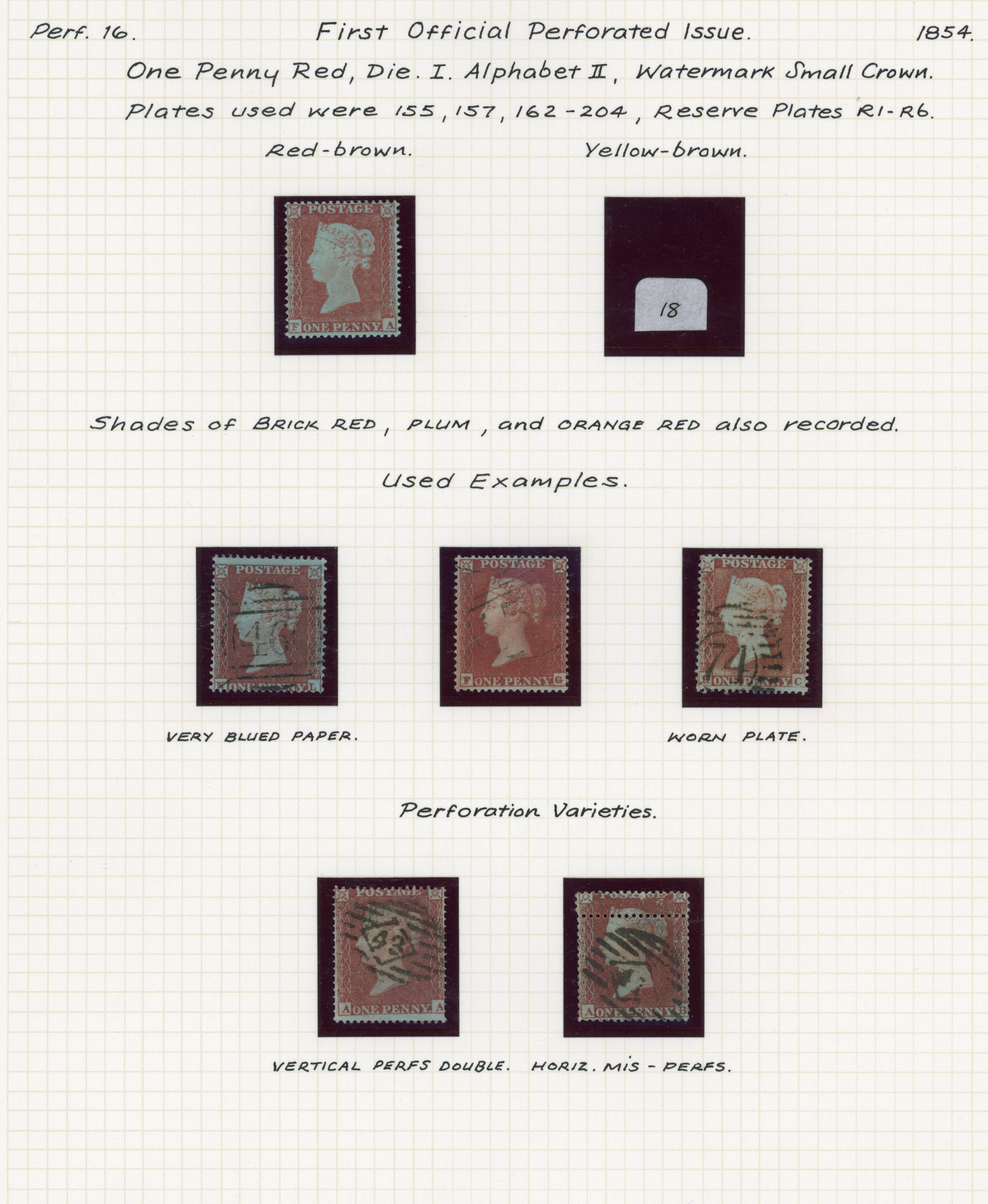 1854 1d Red-brown First official perforated issue, group mint & used vars