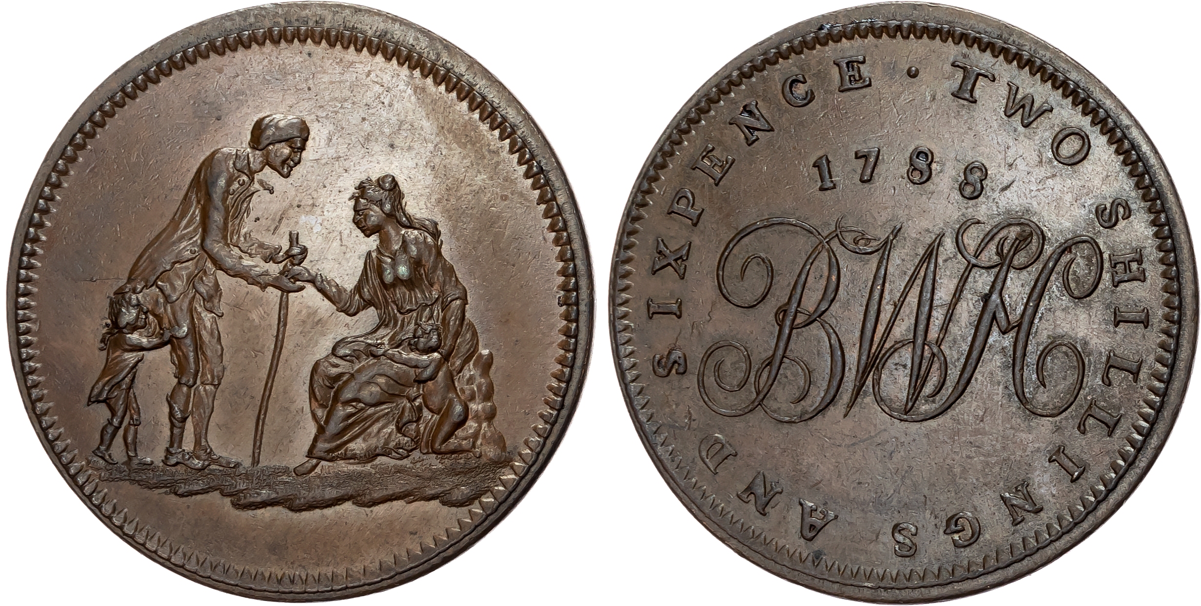 Warks. Birmingham, Workhouse, Gimblett’s Two Shillings and Sixpence 1788, Charity seated, giving alms to an old man and  …