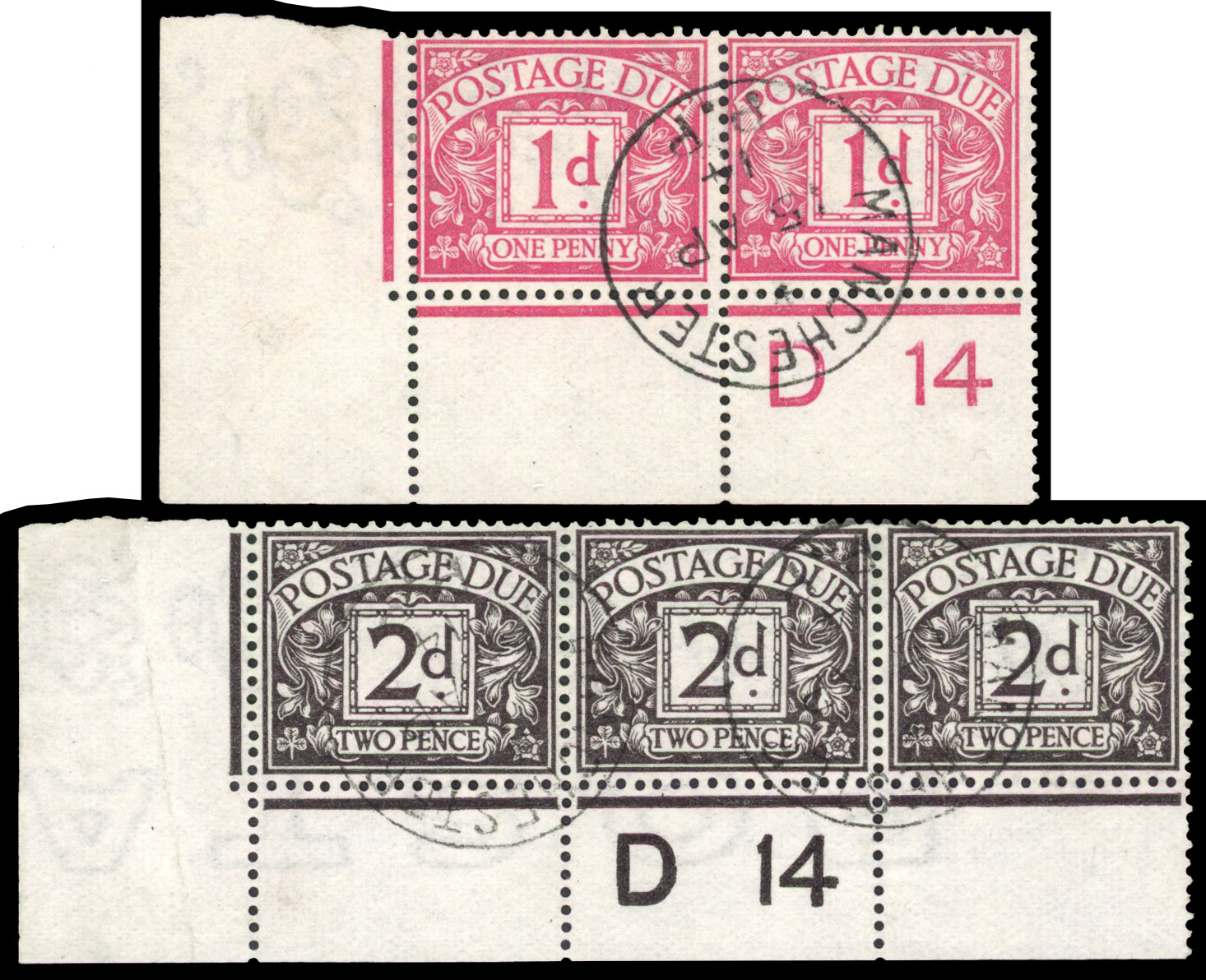 1914 1d Carmine & 2d Agate Postage Dues. Used controls five days prior to the first day of issue.