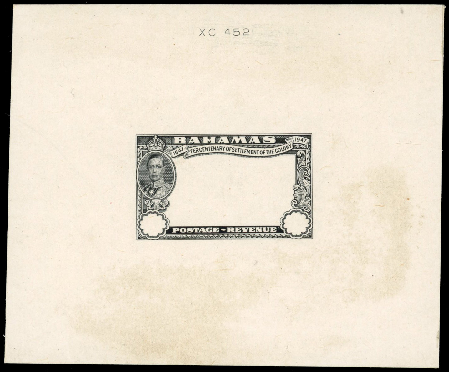 Bahamas 1948 Eleuthera master die proof in black on card. For SG 178/193