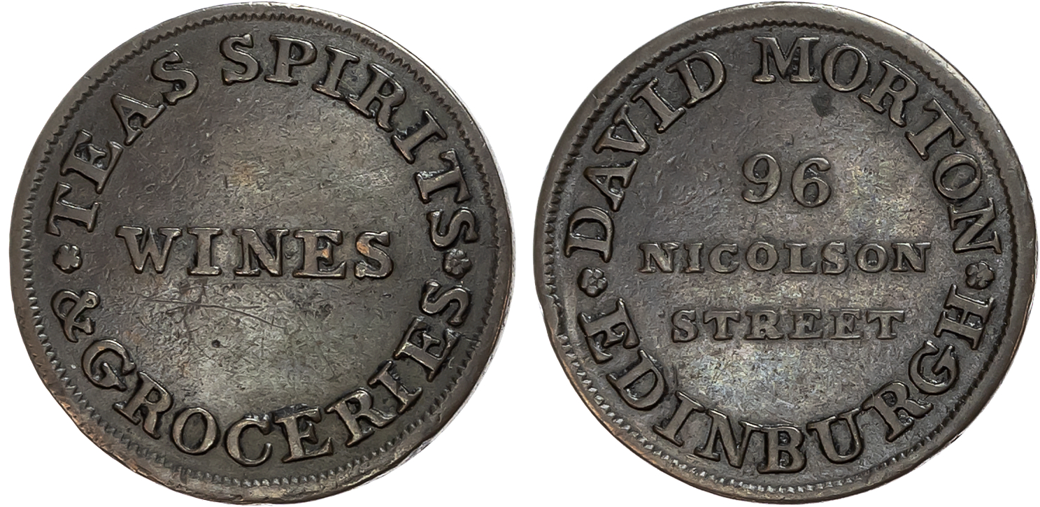 Loth. Edinburgh , David Morton Farthing (grocer and wine merchant) (1790s), Adress, rev . ‘WINES, edge plain, 21.5mm/3.3 …