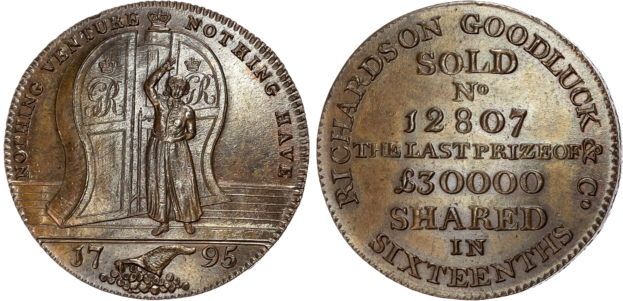 London, Cornhill , Richardson Goodluck & Co. (stockbrokers and lottery organisers) advertising Halfpenny 1795, A Blue Co …