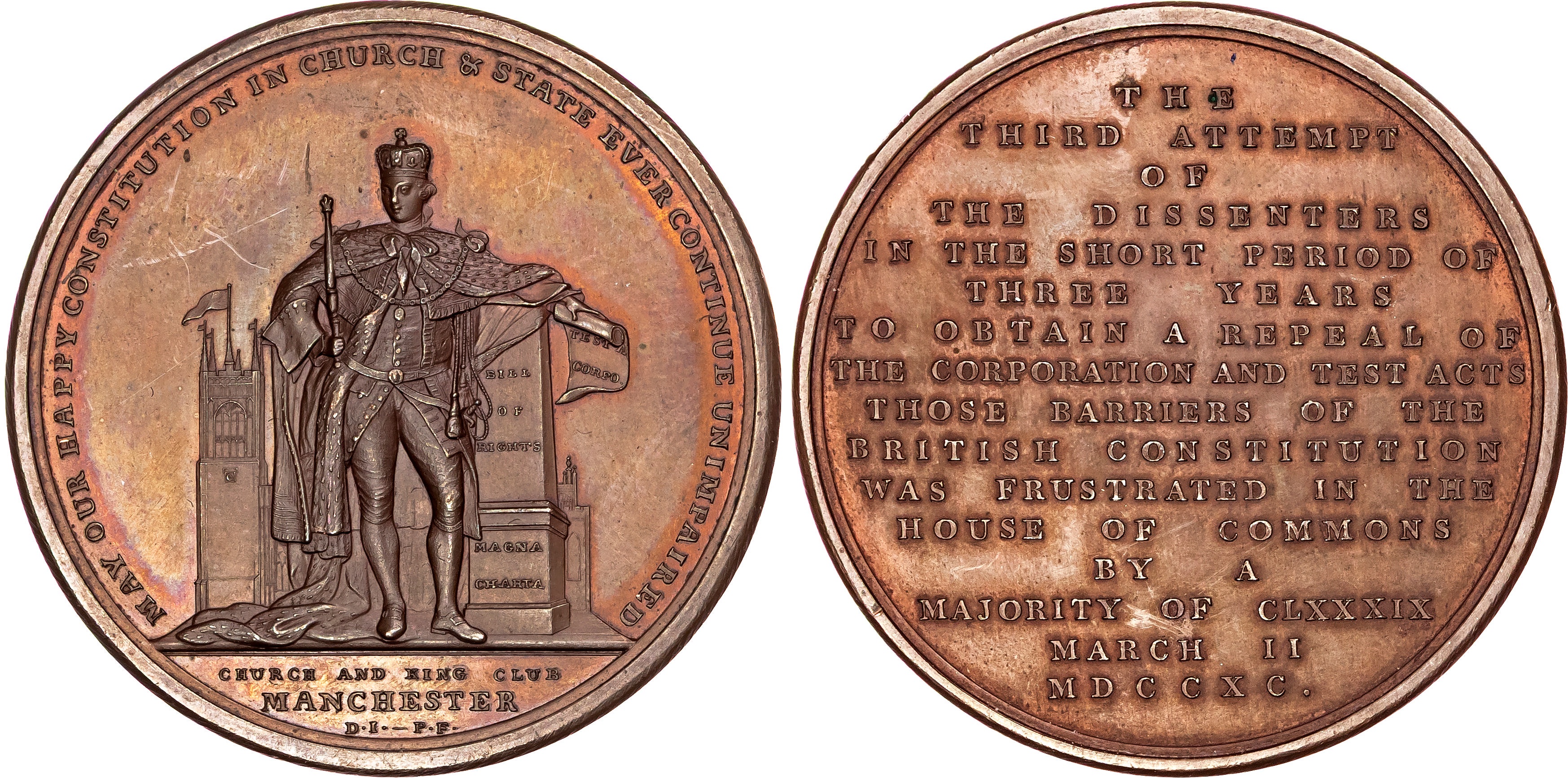 George III 1760-1820, Church and King Club, Manchester, 1790, Copper Medal. 