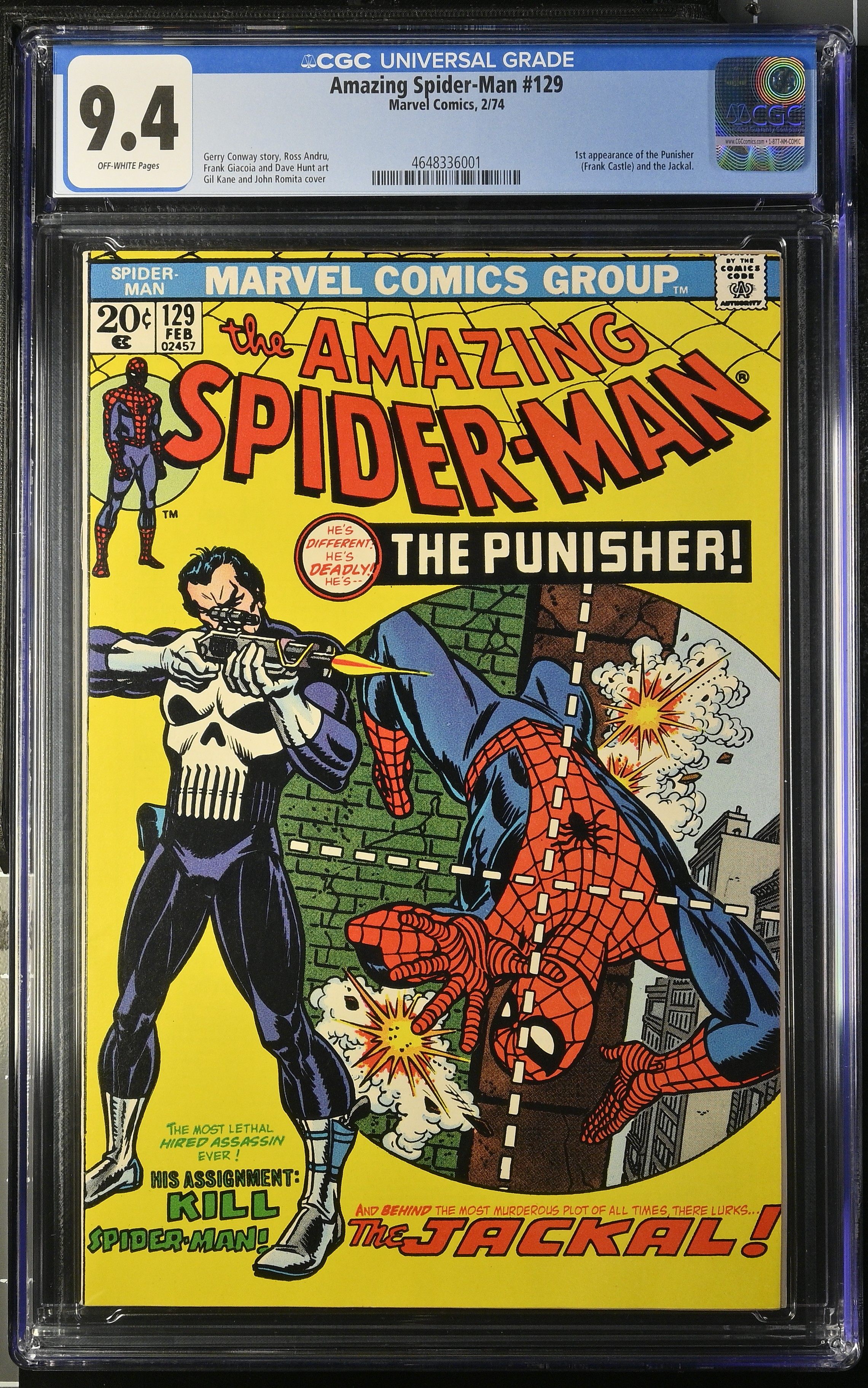 Amazing Spider-Man #129 CGC 9.4 1st Appearance of The Punisher and The Jackal (Marvel Comics, 1974) Off-White Pages