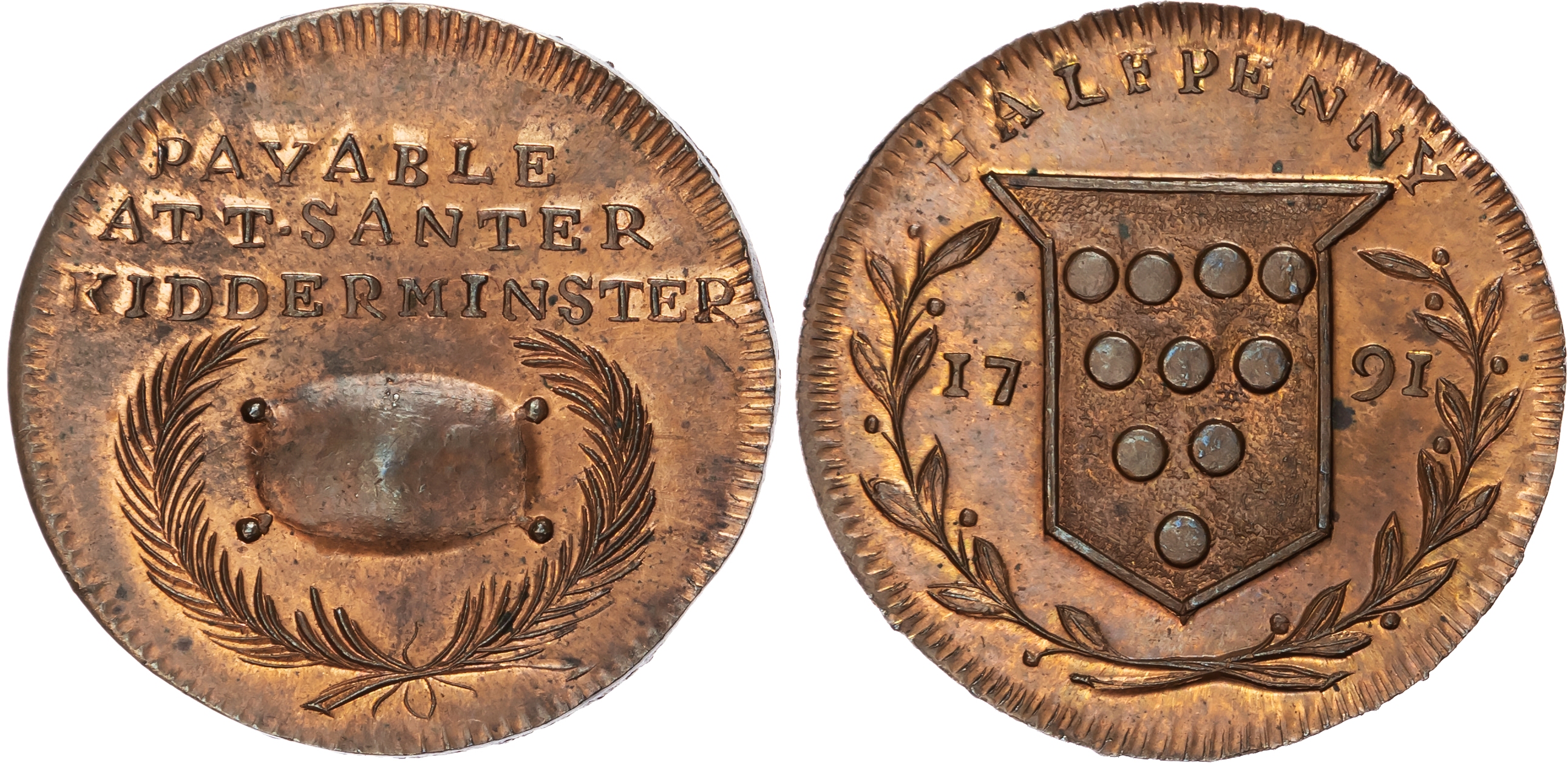 Worcs. Kidderminster , T Santer, Skidmore’s Halfpenny 1791, threeline legend over woolsack, rev. Arms Kiddermi…