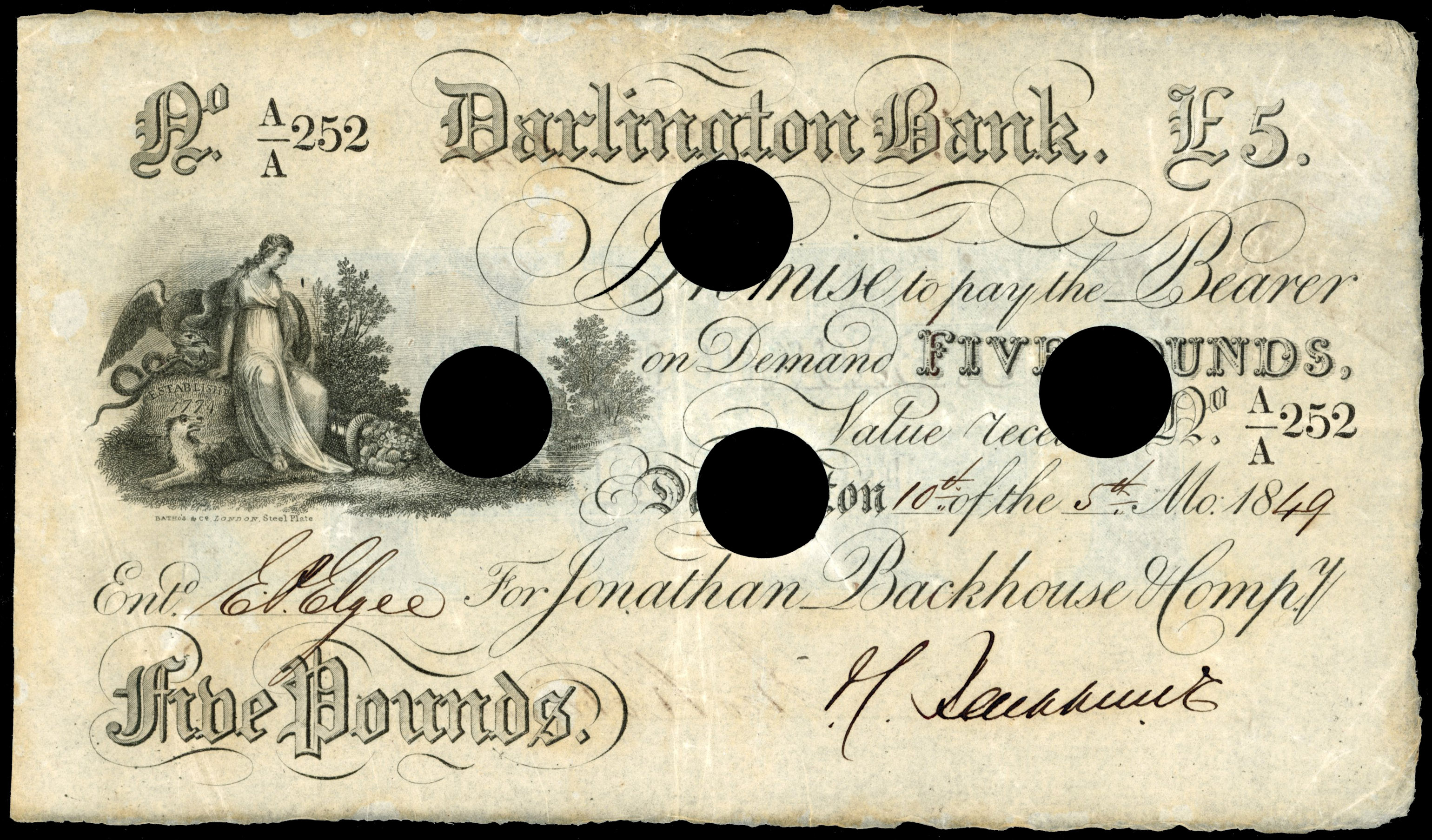 DARLINGTON, Darlington Bank for Jonathan Backhouse & Co., £5.,10th. the 5th month 1849, signed J C Backhouse, …