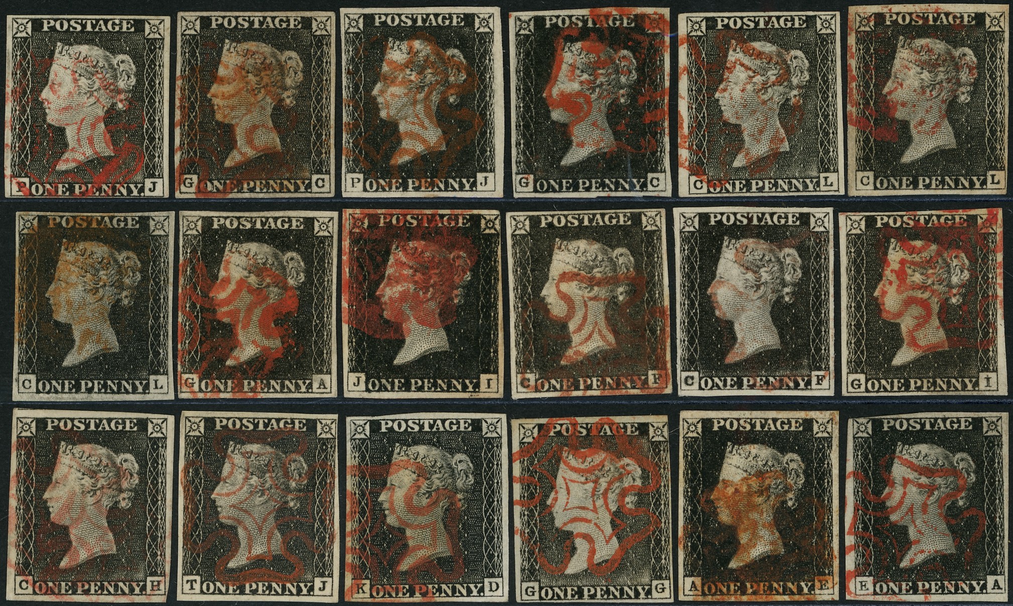 1840 1d black unplated range of eighteen, mainly four margin...