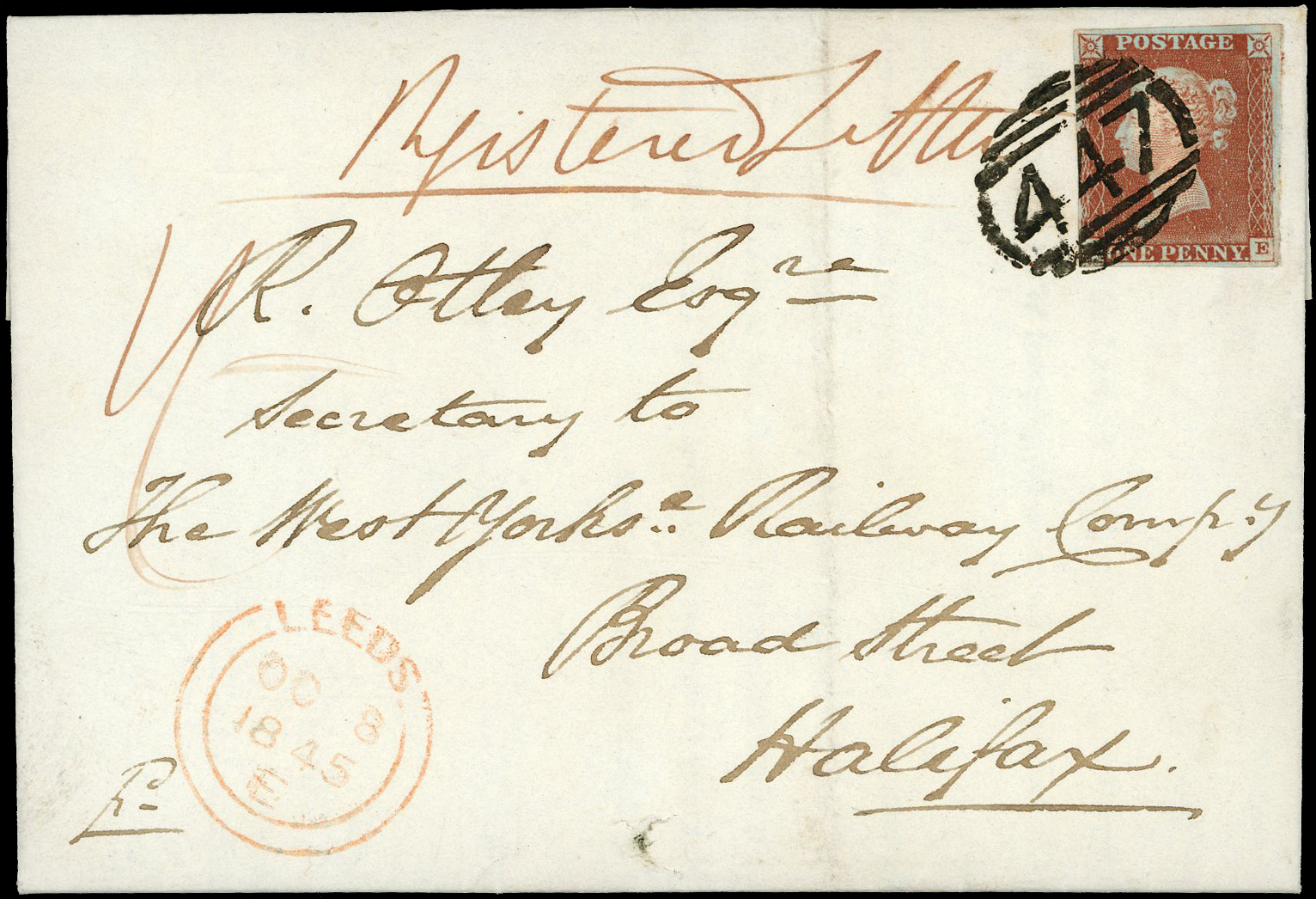 1841 1d Red-brown “Registered Mail”.