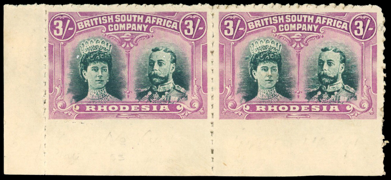 3s clandestine roulette corner pair, imperf between stamps and lower margin mint
