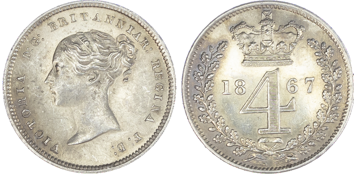 Victoria (1837-1901), Partial Maundy set, 1867, Four, Two and One Pence, young head left, legend and toothed border