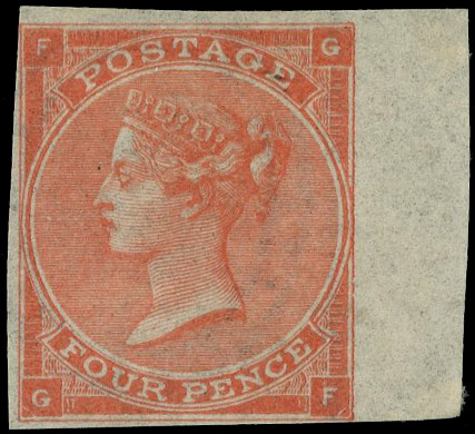 1863 4d Pale red Pl.4 (Hair lines). Very fine unused o.g. imperforate right hand wing margin example lettered GF, close …