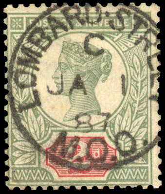 1887 2d Grey-green and carmine "Jubilee". first day of issue