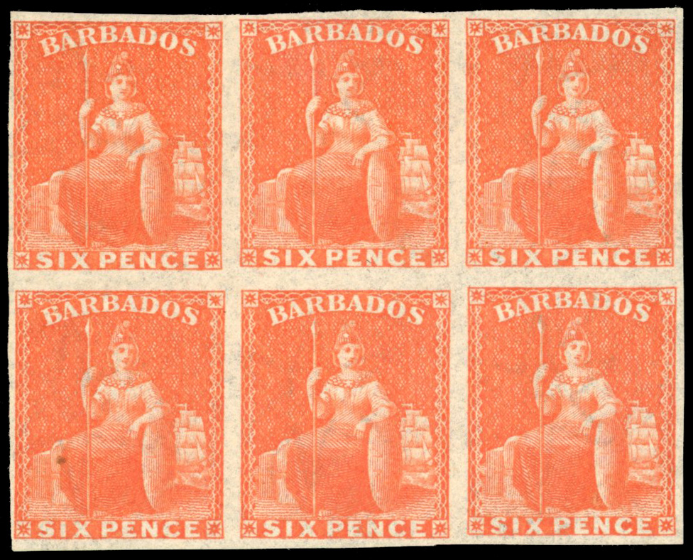 Barbados 1873 6d orange-vermilion, imperforate block of 6, SG 60b