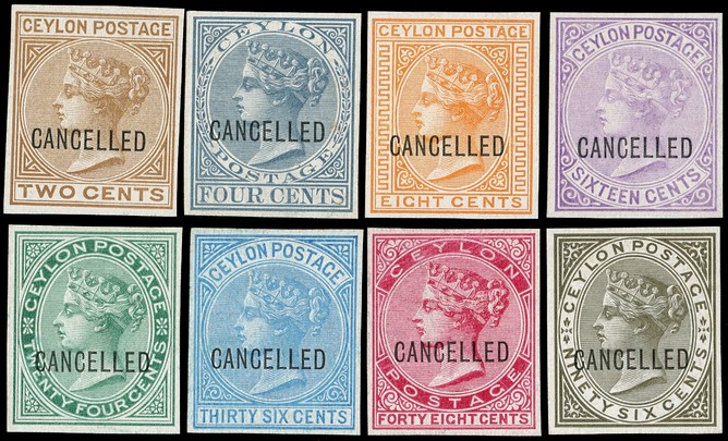 1872 original eight values (i.e. no 32c, 64c) on thin glazed card, imperforate proofs overprinted CANCELLED Type D7.  Fresh...