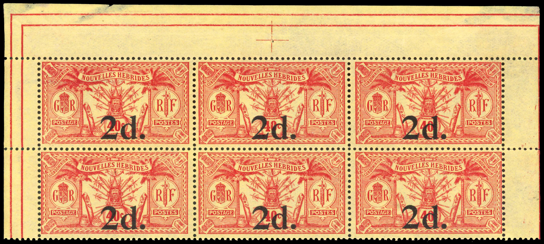 New Hebrides 1920-21 2d on 40c no wmk block of 6