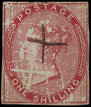 1856 1s Green colour trial. Fine imperforate example printed in red on white wove glazed paper from the defaced plate wi…