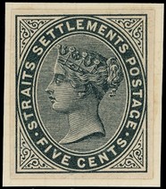 1882 5c proof in black, cut to size and affixed to a small piece of card.  For SG...