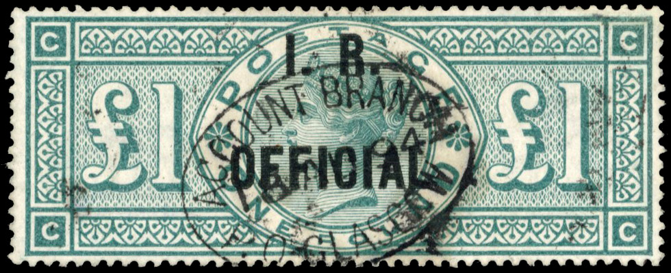 1892 £1 green 'I.R. OFFICIAL' overprint, cancelled by neat, central Glasgow mark, fine used SG 016