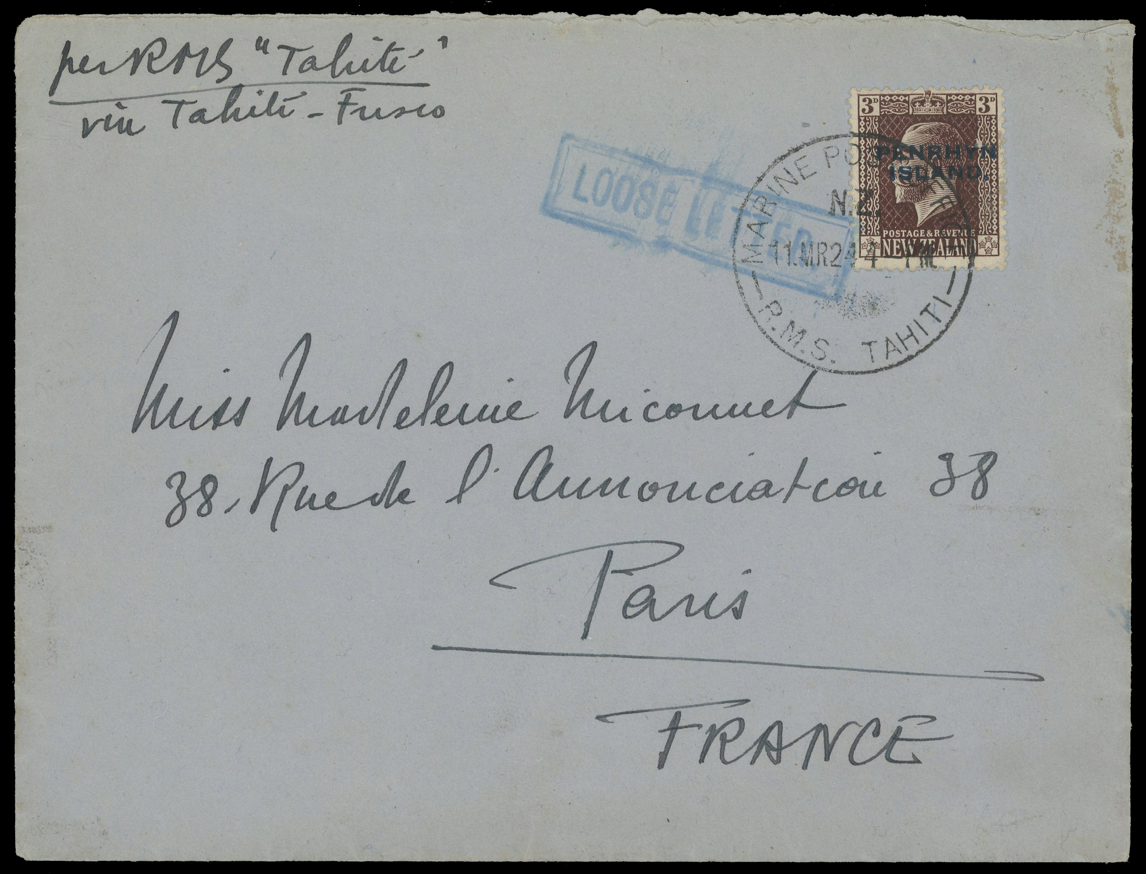 Penrhyn Island 1924 cover to France