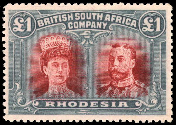 Rhodesia 1910-13 £1 rose-scarlet and bluish black perf 14