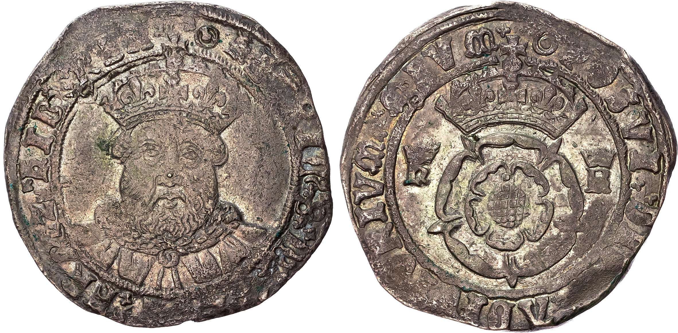 Henry VIII (1509-47), debased AR Testoon, Tower Mint, third coinage (1544-47), mm : pellet in annulet. Facing crowned bu…