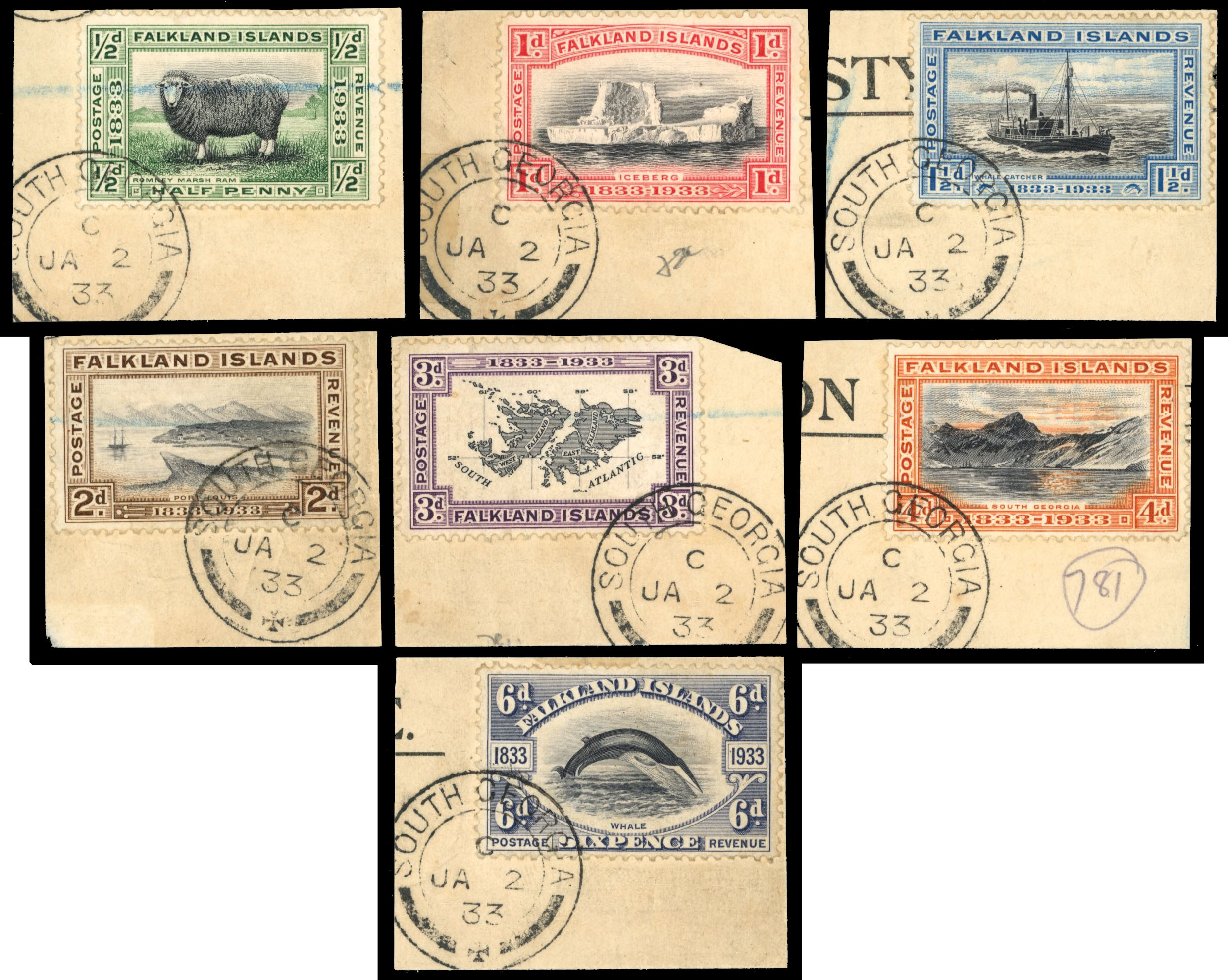 † FID SG Z54-60 1933 Centenary ½d to 6d South Georgia FD cancels