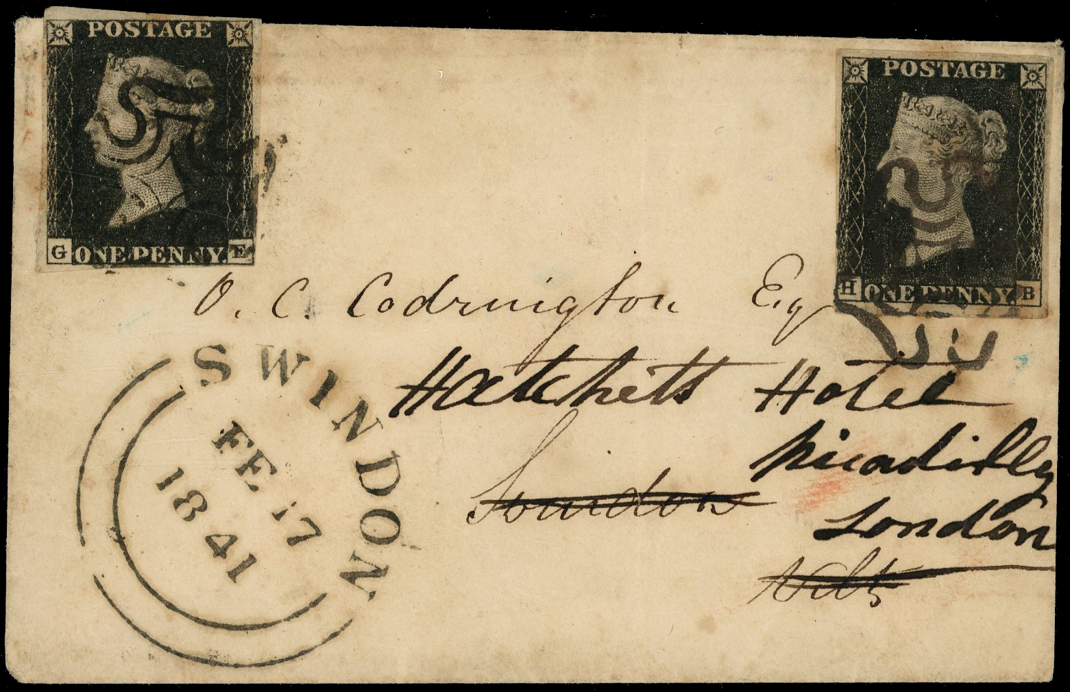 1840 1d Black Pl.5 & Pl.7. re-directed envelope