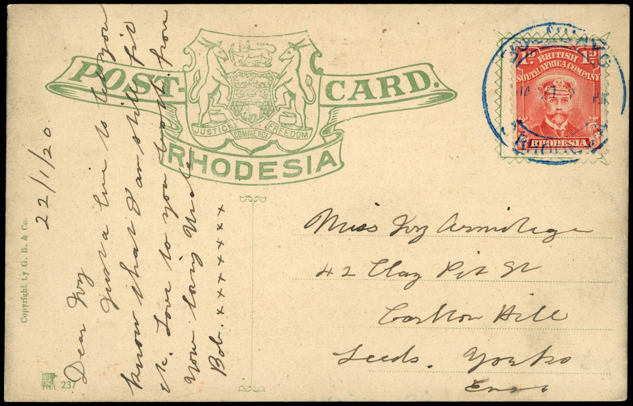 Usages. 1920 coloured ppc of the Zambesi...