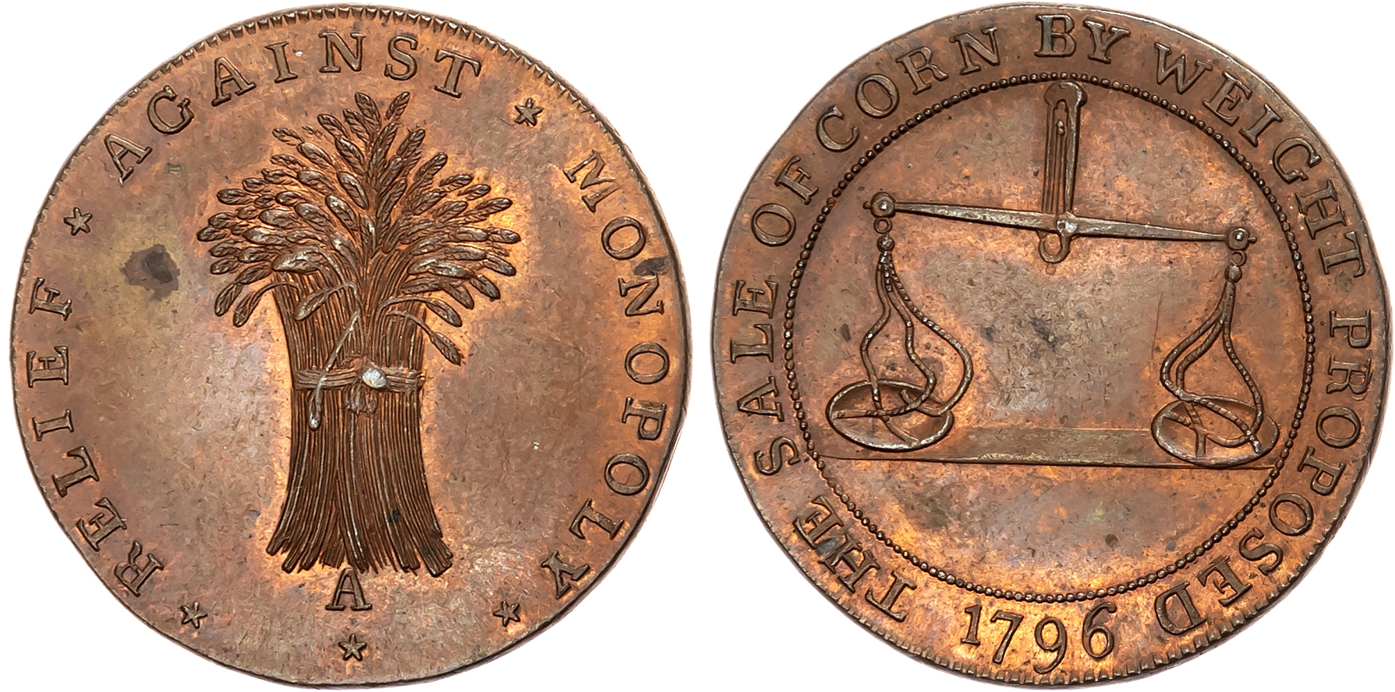 Glos. Badminton , David Arnot and John Jelly (Kempson) Halfpenny 1796, Wheatsheaf, rev. Empty scales, edge rounded plain …