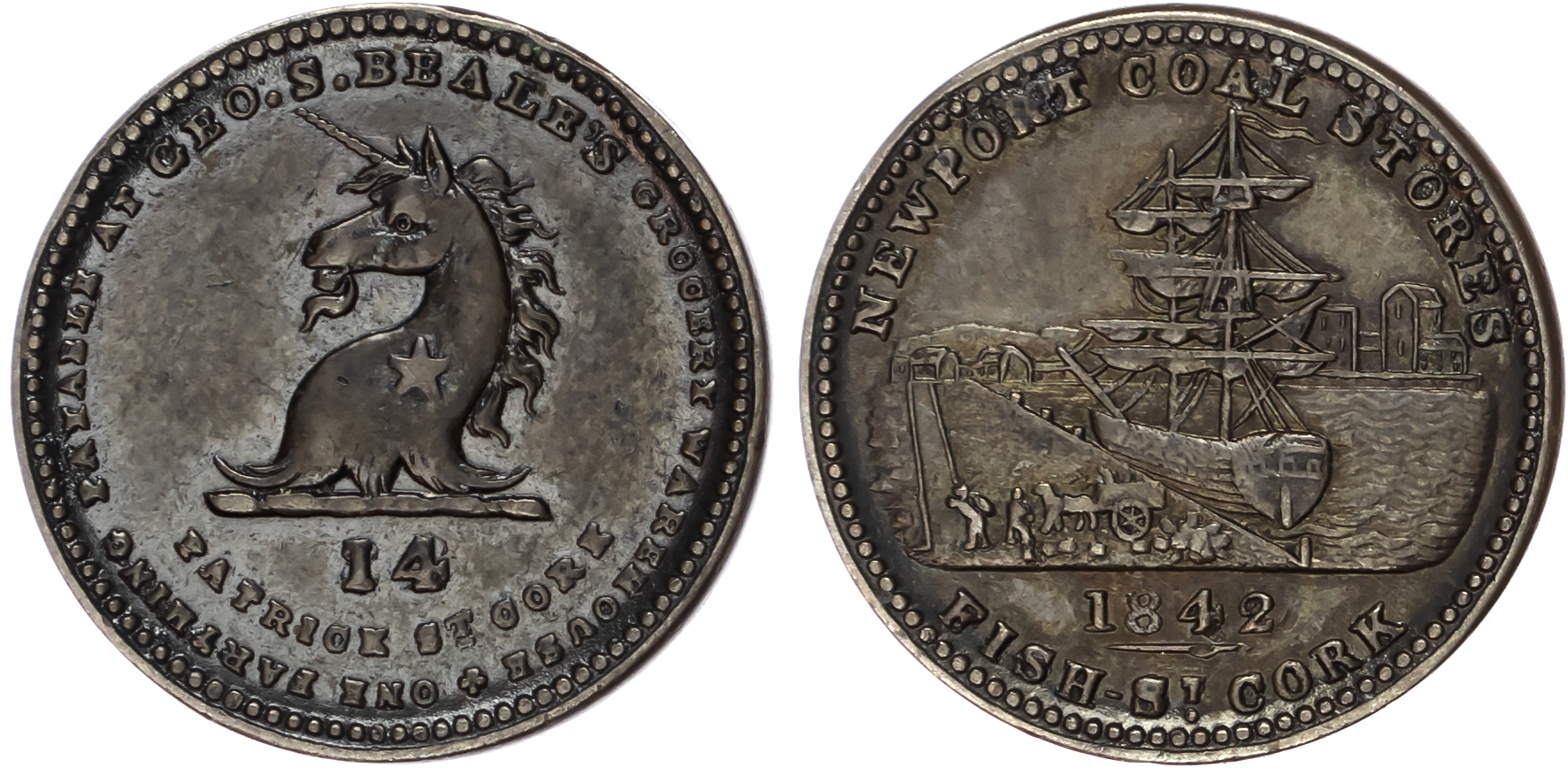 Cork. George Beale (grocer) farthing 1842, Unicorn crest over 82/ship at quay side. 21mm (W 5680). Good Extrem…