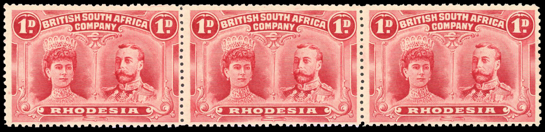 Rhodesia 1910-13 1d carmine-red perf 14 strip of 3 OD flaw