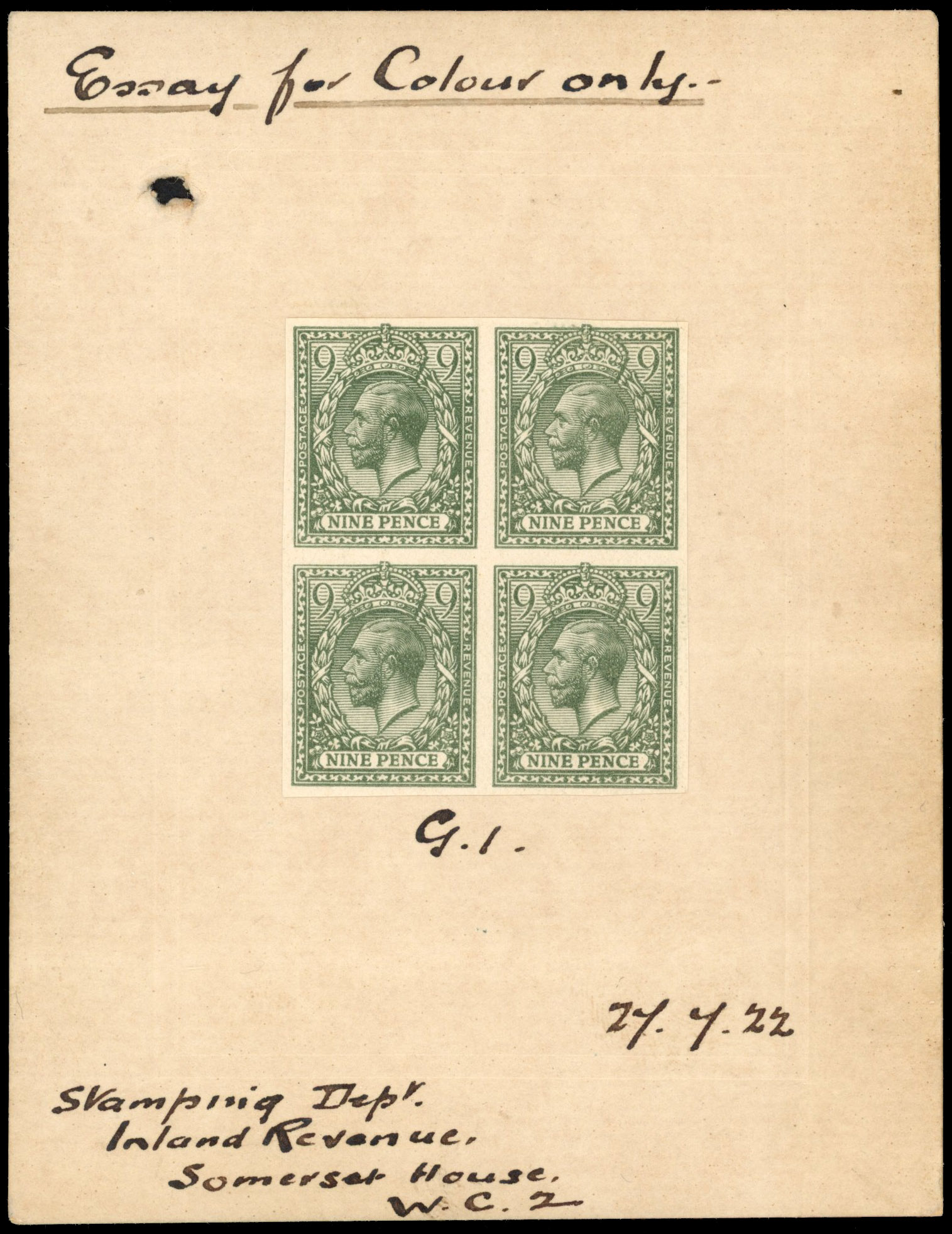 GB 1912-24 9d olive-green colour trial block from Stamping Dept SG393a var