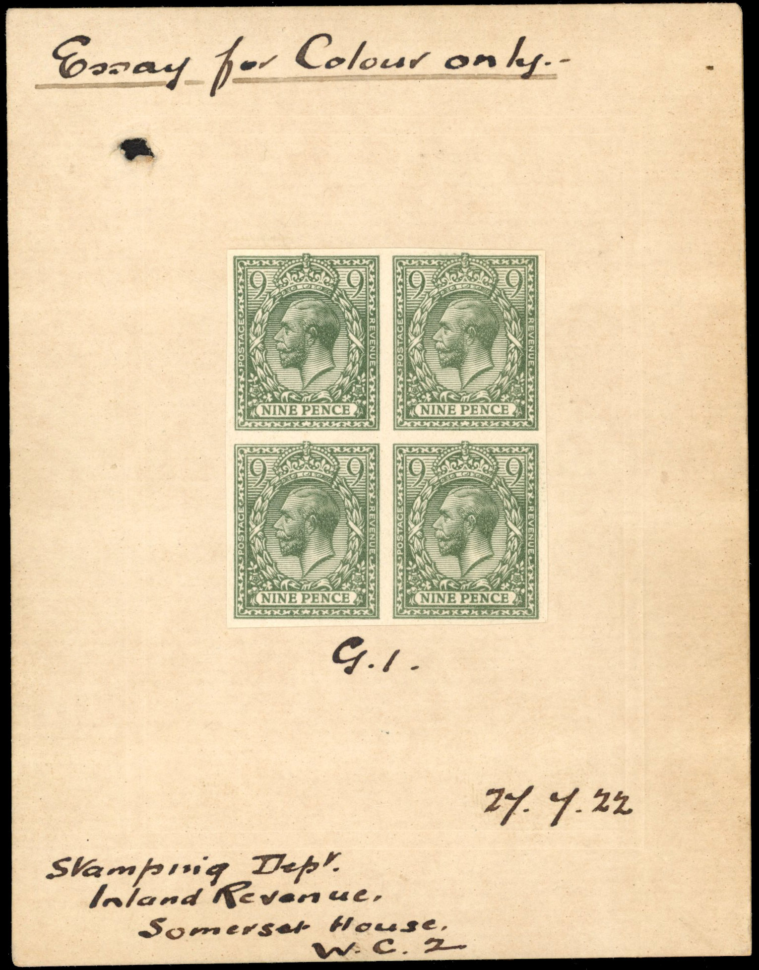 Great Britain 1912-24 9d olive-green colour trial block from Stamping Dept SG393a var
