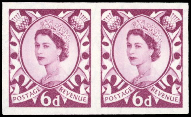 Great Britain 1958 6d Deep Claret, Horizontal Pair, BPMA Imprimatur, SG S3