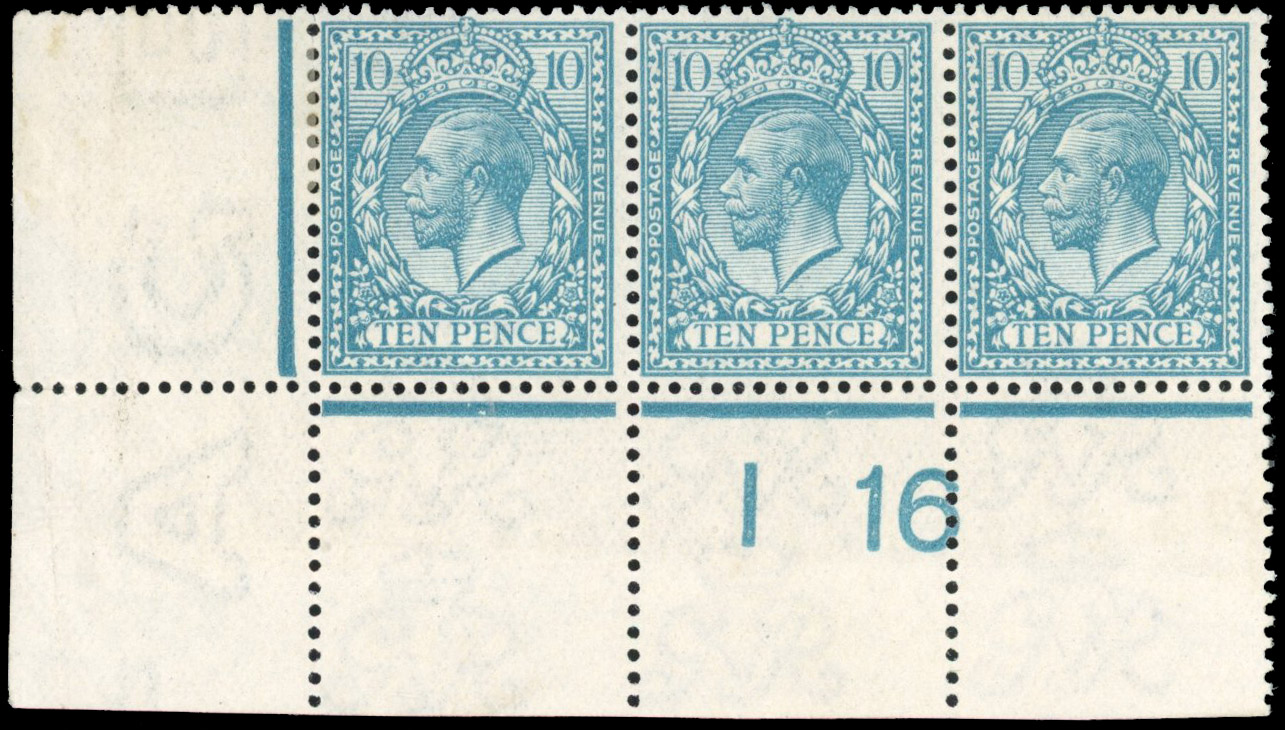 GB 1912-24 Royal Cypher 10d greenish blue, mint control I16 strip