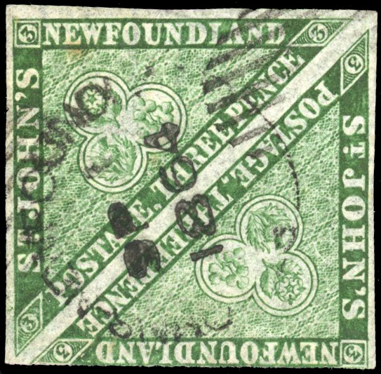 Newfoundland SG 11 3d green used pair, showing portion of Stacey Wise wmk